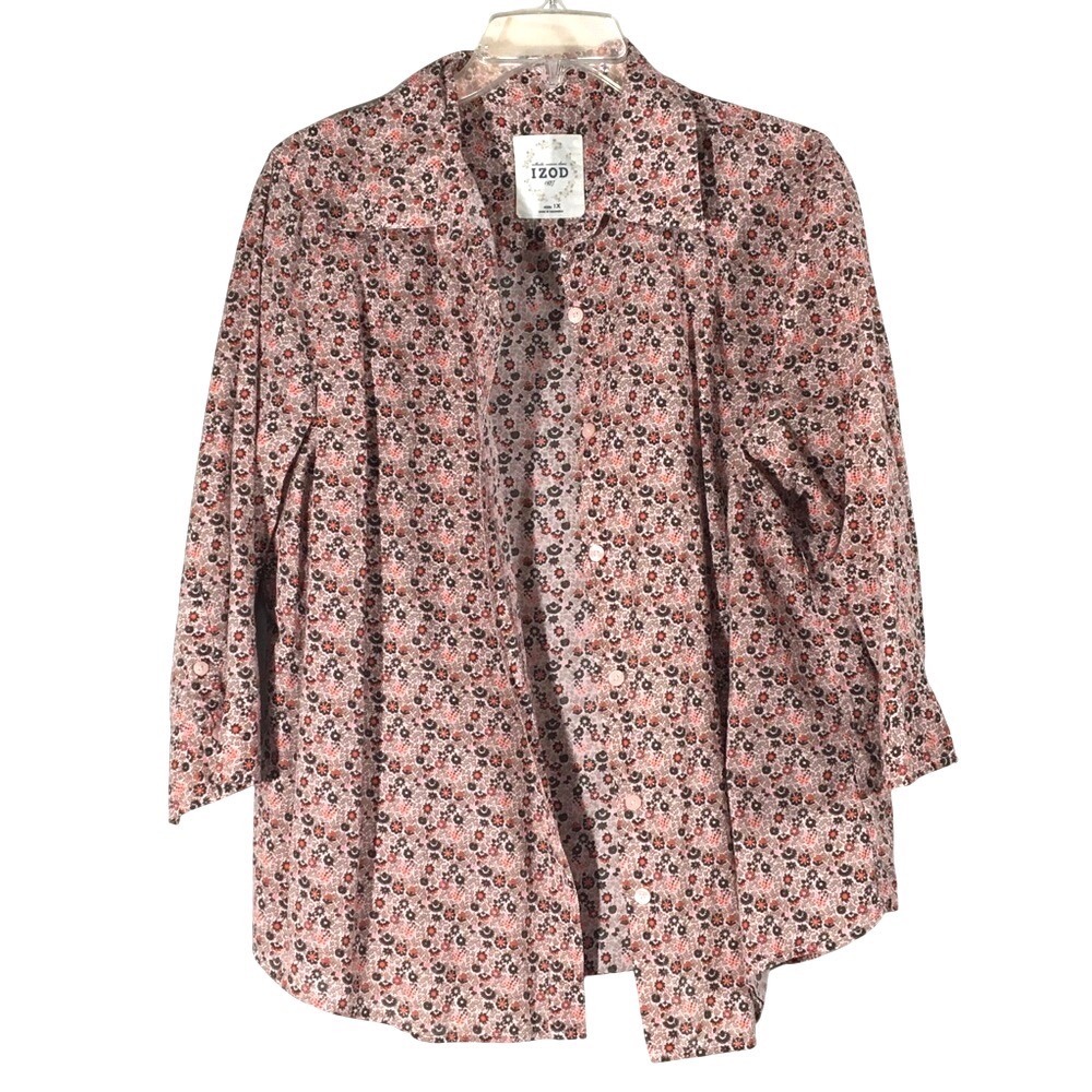IZOD Floral Print 3/4 Sleeve Cotton Button Down Blouse 1X